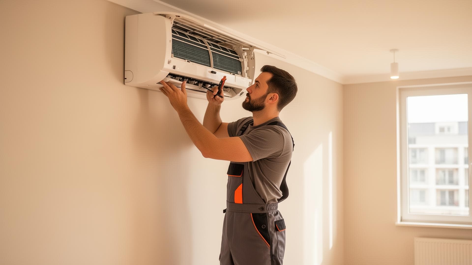 Professional HVAC technician working on air conditioning unit